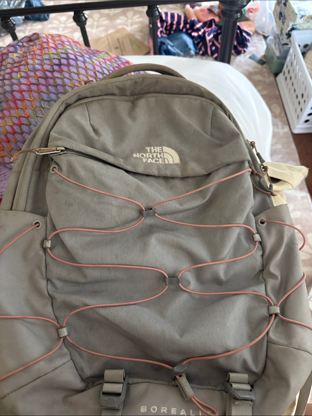The North Face Backpack In Light Grey With Coral Cords